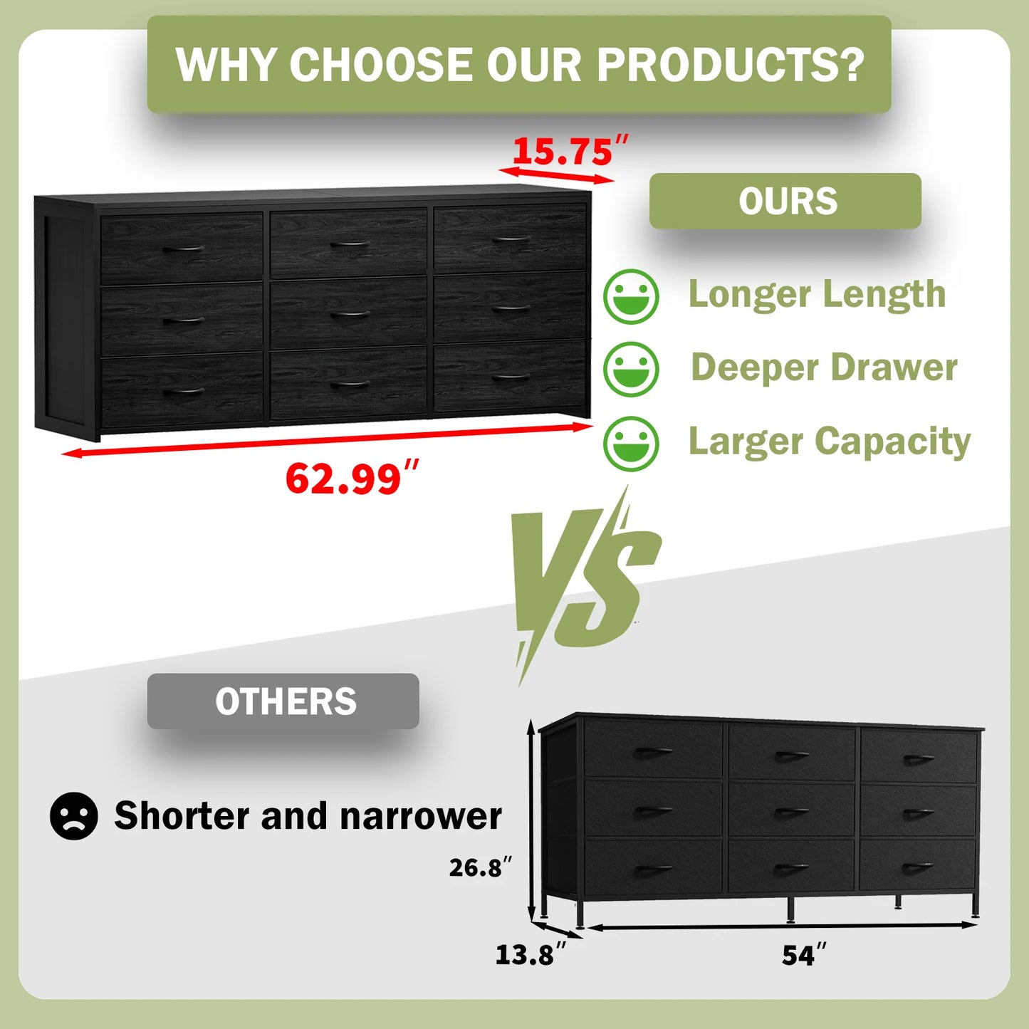 9 Drawer Dresser Wide Chest of Drawers Nightstand Storage Tower Fabric Dresser with Wood Top