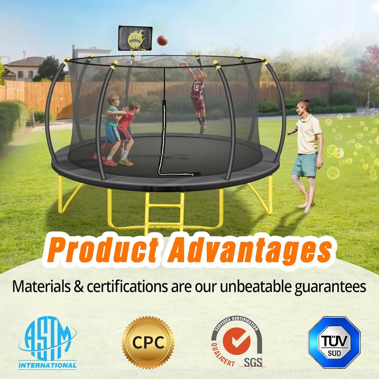 12FT Pumpkin Trampoline with Basketball Hoop Enclosure Net and Ladder for Outdoor Recreation