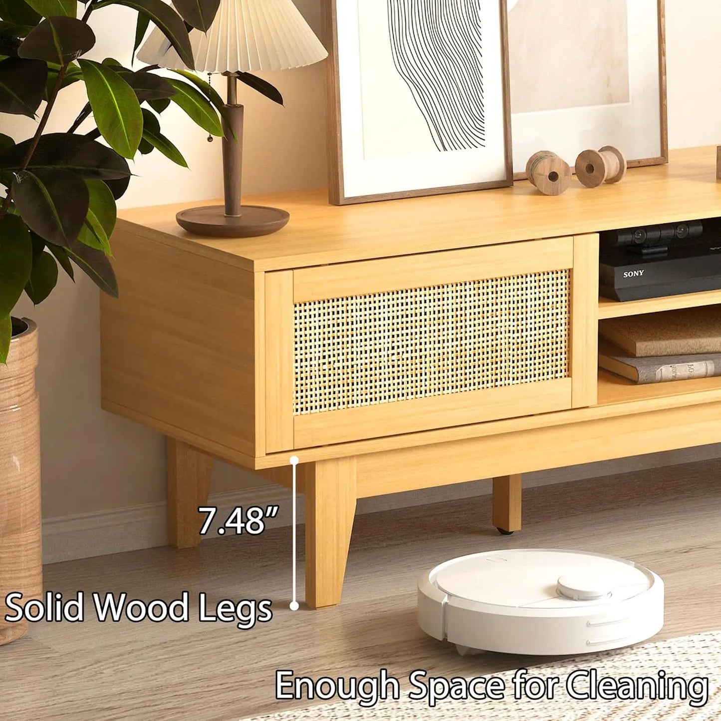 Boho TV Stand for 55 to 65 Inch TV Rattan Entertainment Center with Shelves Cabinets and Sliding Doors TV Media Console Table with Solid Wood Feet and Cord Holes for Living Room Bedroom Natural