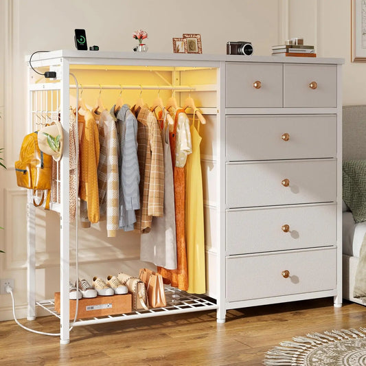 49.2 Inch White Dresser for Bedroom with Hanging Rack Six Drawers Dresser with LED Lights and Charging Station Fabric Dressers