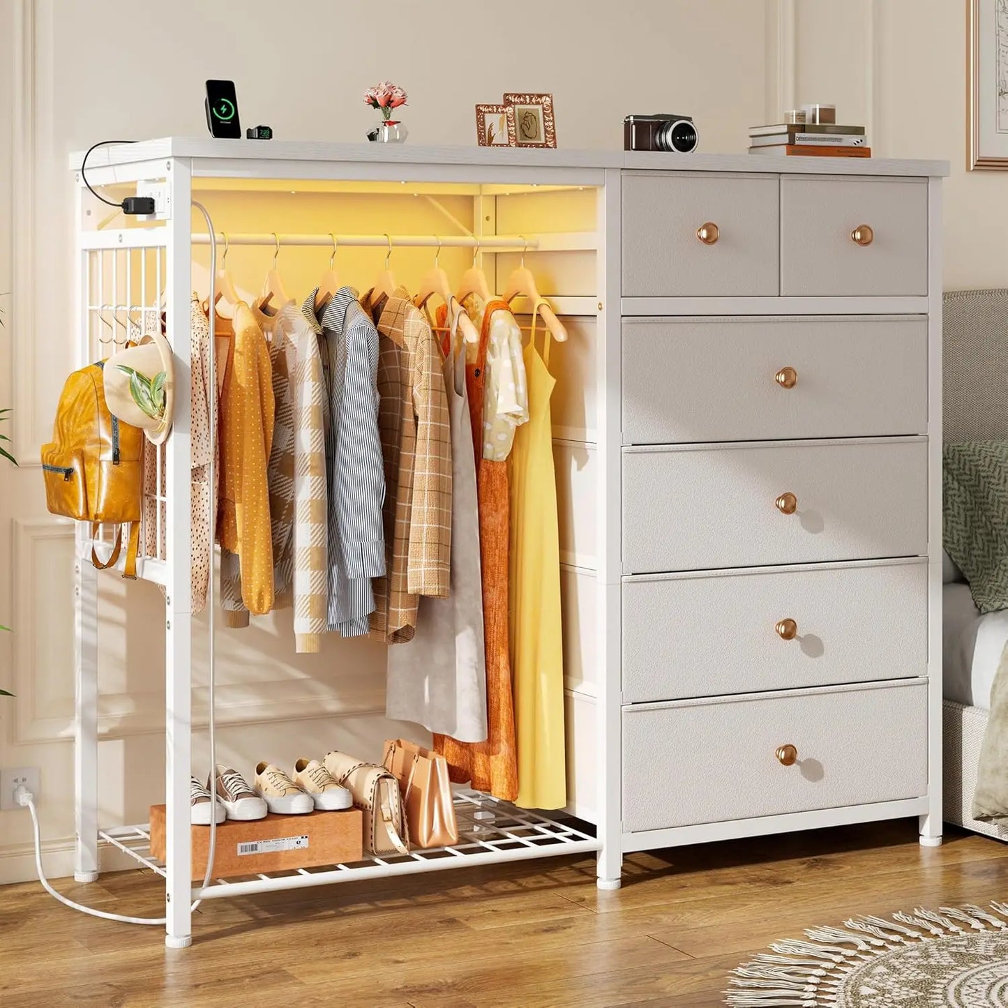 49.2 Inch White Dresser for Bedroom with Hanging Rack and Charging Station 6 Drawer Dresser with LED Lights and Fabric Storage