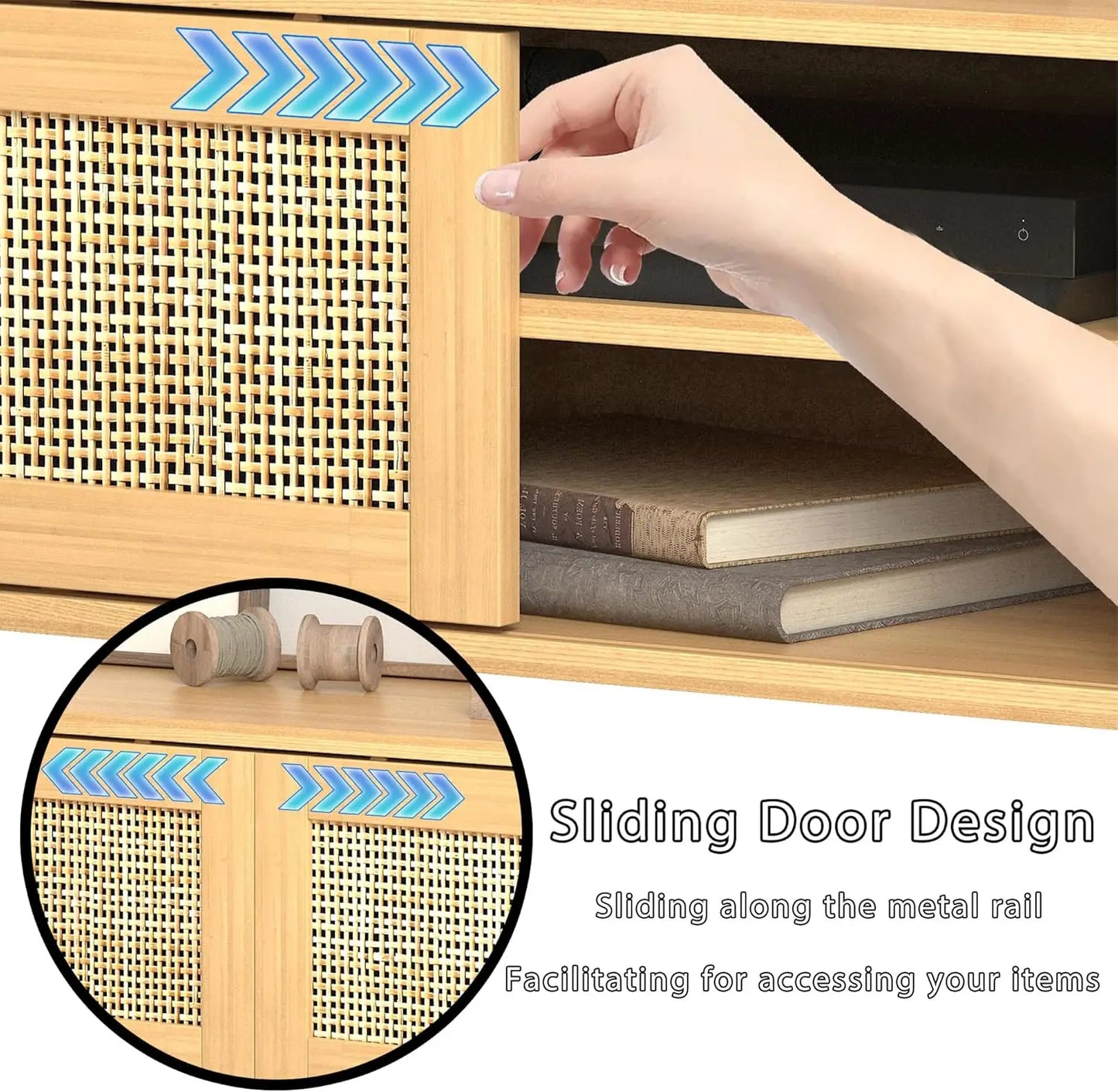 Boho TV Stand for 55 to 65 Inch TV Rattan Entertainment Center with Shelves Cabinets and Sliding Doors TV Media Console Table with Solid Wood Feet and Cord Holes for Living Room Bedroom Natural