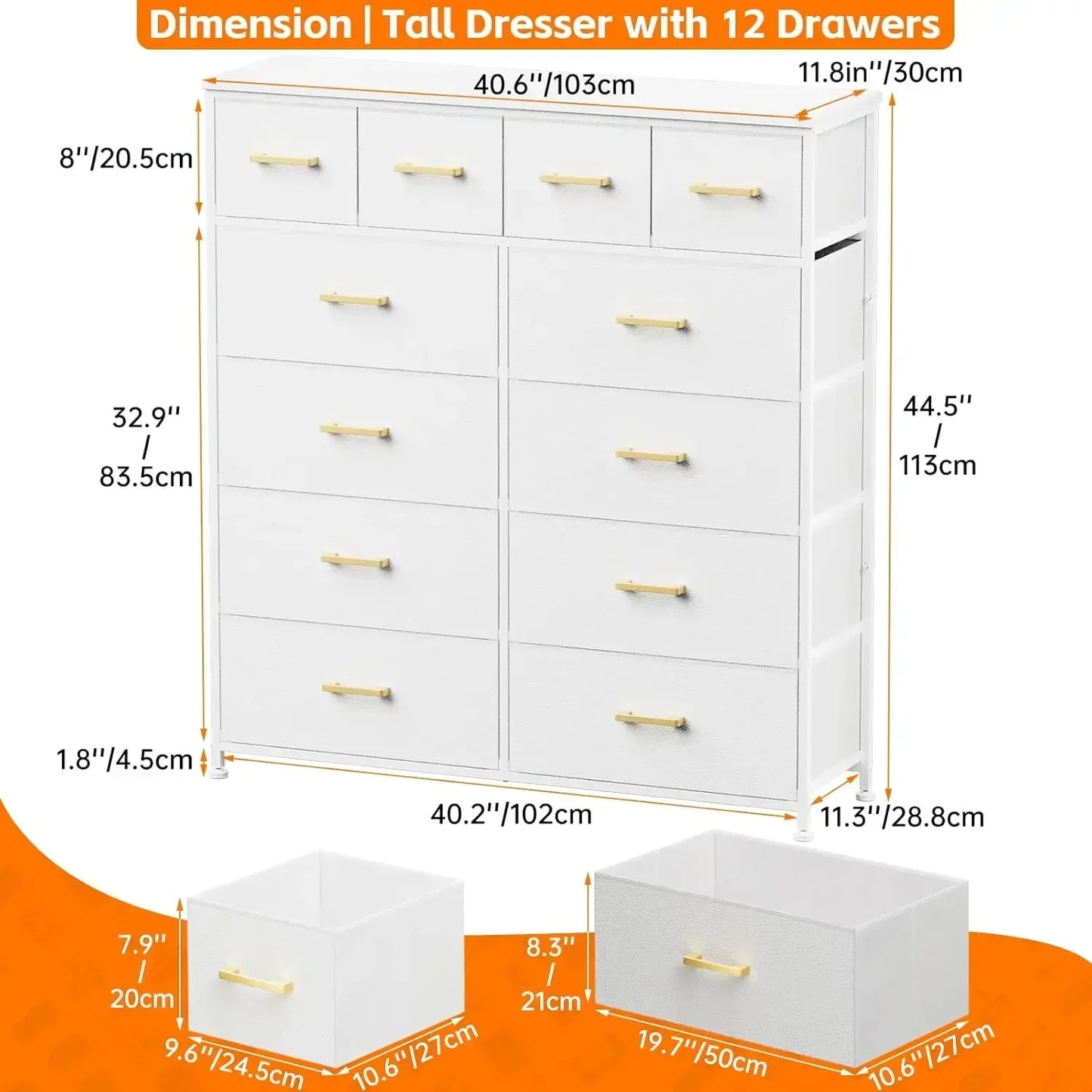 White Dresser for Bedroom with 12 Drawers Tall Dressers for Bedroom Fabric Chest of Drawers Durable Wood and Faux Leather Design