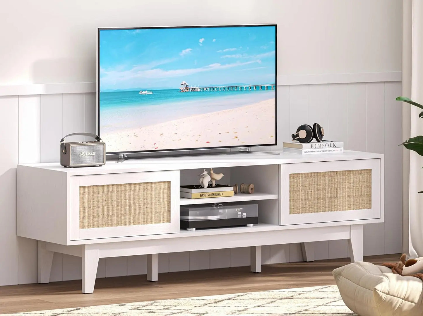 Boho TV Stand for 55 to 65 Inch TV Rattan Entertainment Center with Shelves Cabinets and Sliding Doors TV Media Console Table with Solid Wood Feet and Cord Holes for Living Room Bedroom Natural