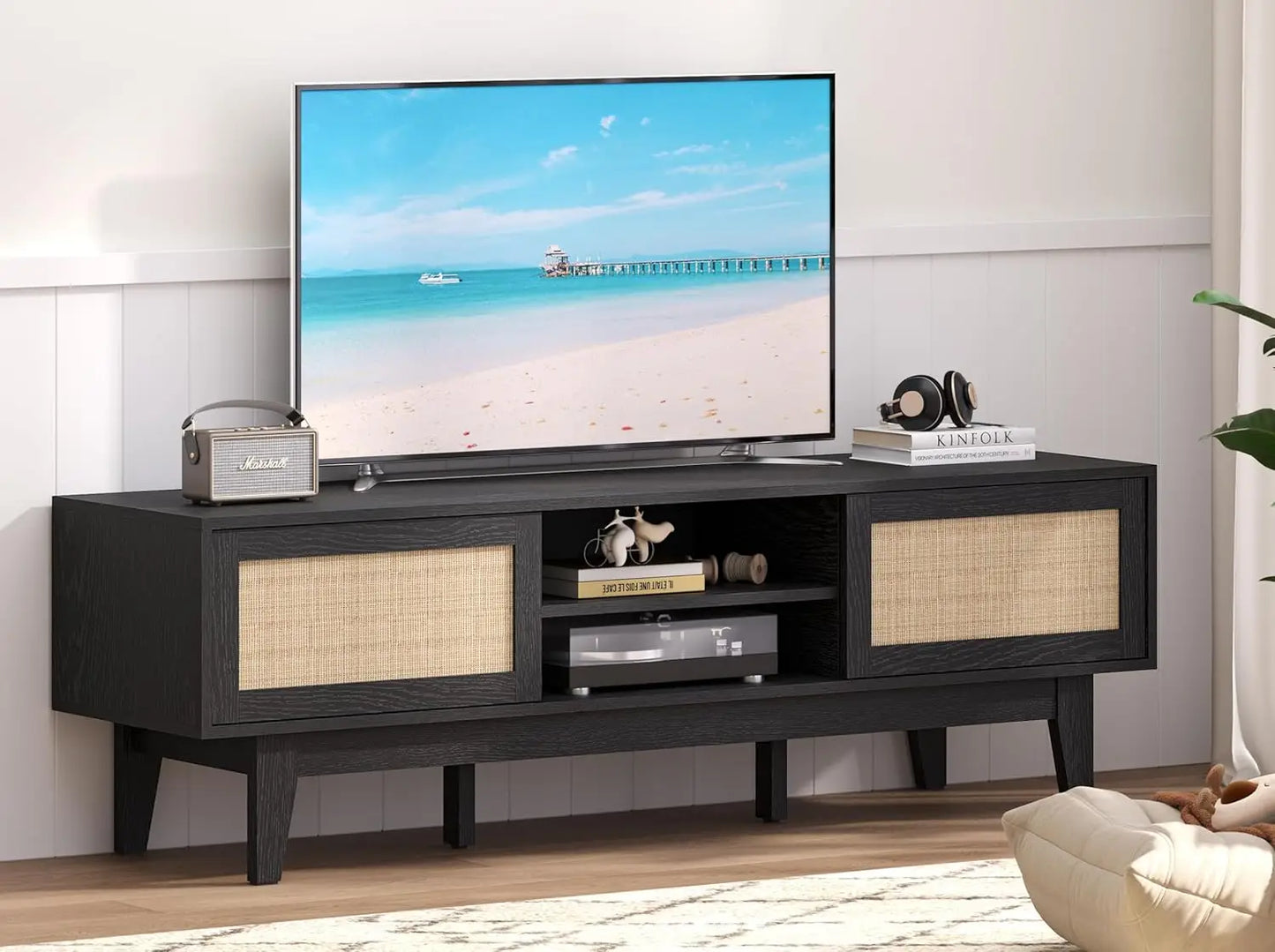 Boho TV Stand for 55 to 65 Inch TV Rattan Entertainment Center with Shelves Cabinets and Sliding Doors TV Media Console Table with Solid Wood Feet and Cord Holes for Living Room Bedroom Natural