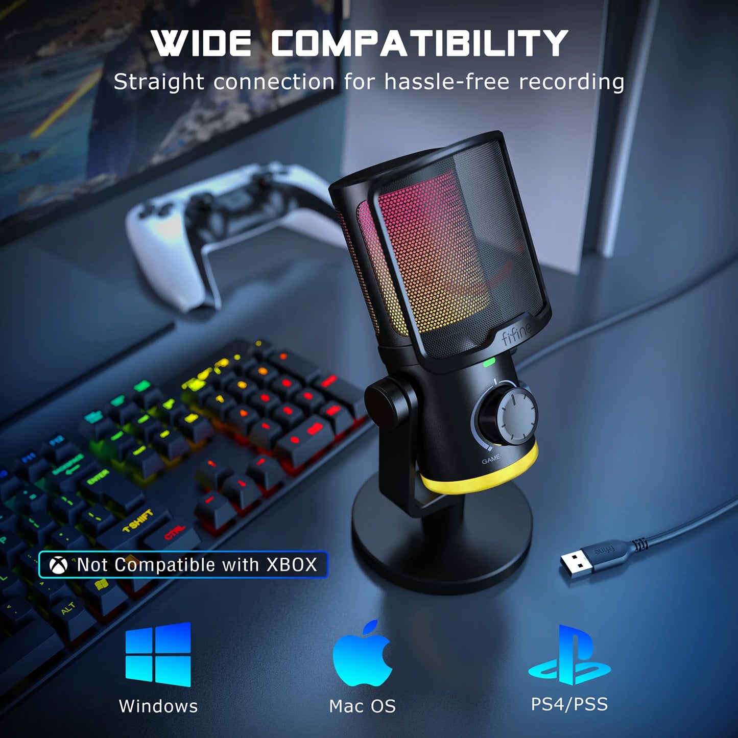 FIFINE USB Gaming Microphone With Noise Cancellation and RGB