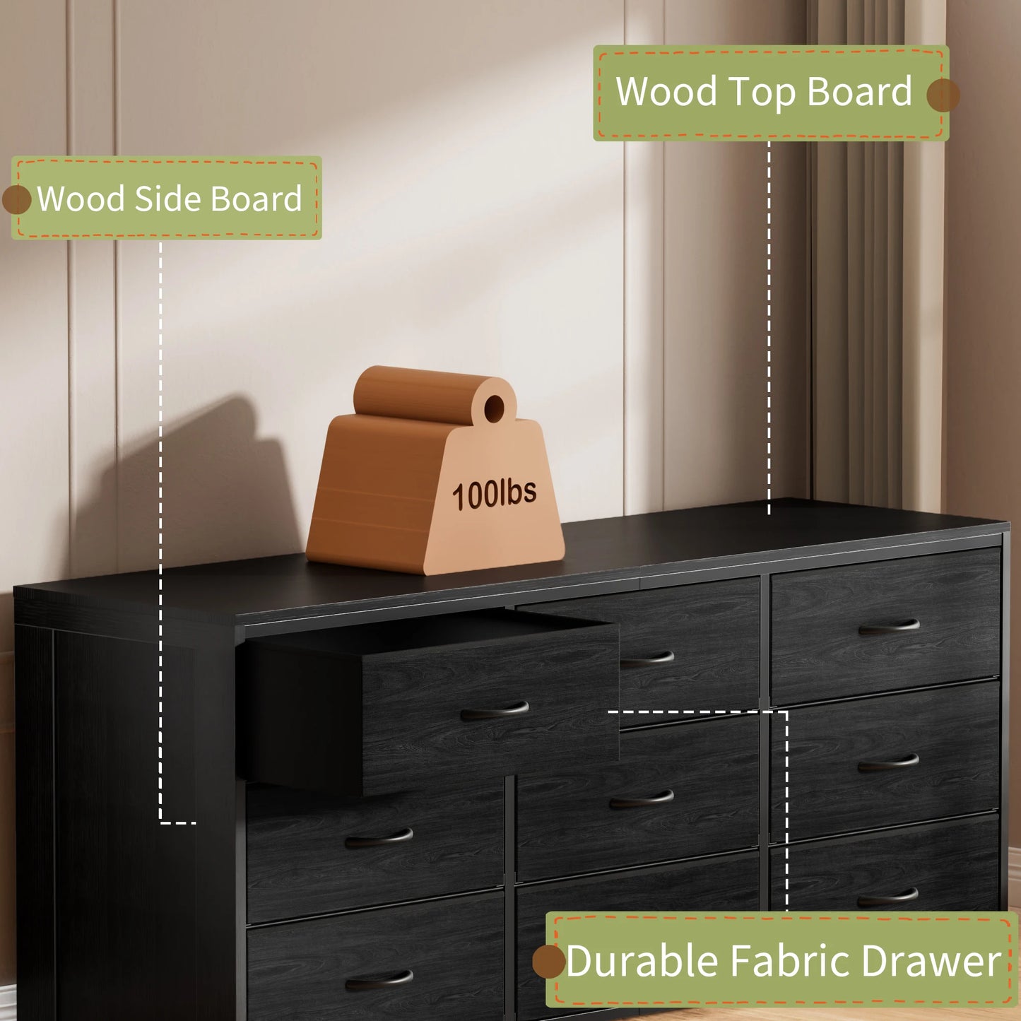 9 Drawer Dresser Wide Chest of Drawers Fabric Storage Tower with Wood Top