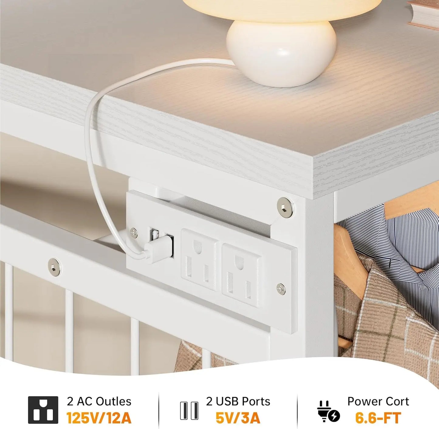 49.2 Inch Wide White Dresser for Bedroom with Hanging Rack and Charging Station Six Drawer Dresser with LED Lights and Fabric Storage Solutions