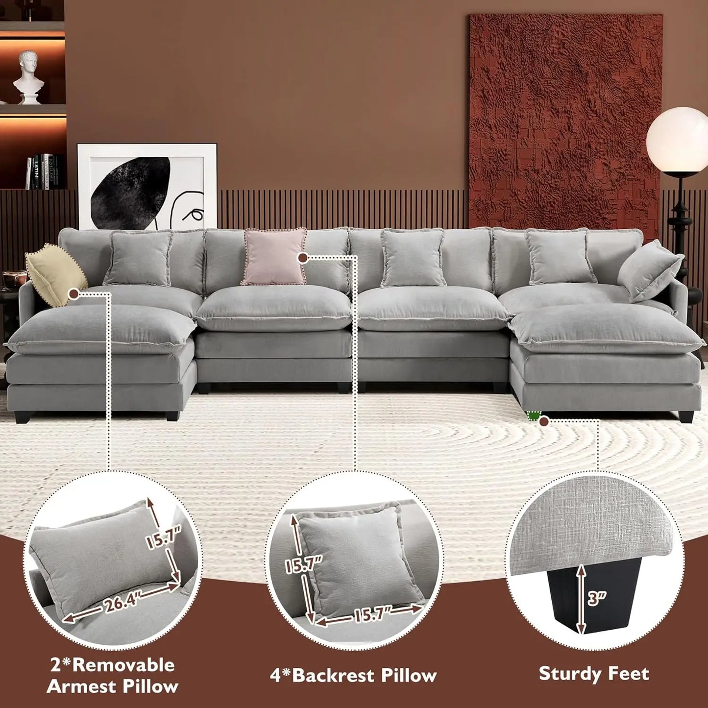 XMSJ U Shaped Modern Sofa Modular Sectional Cloud Couch