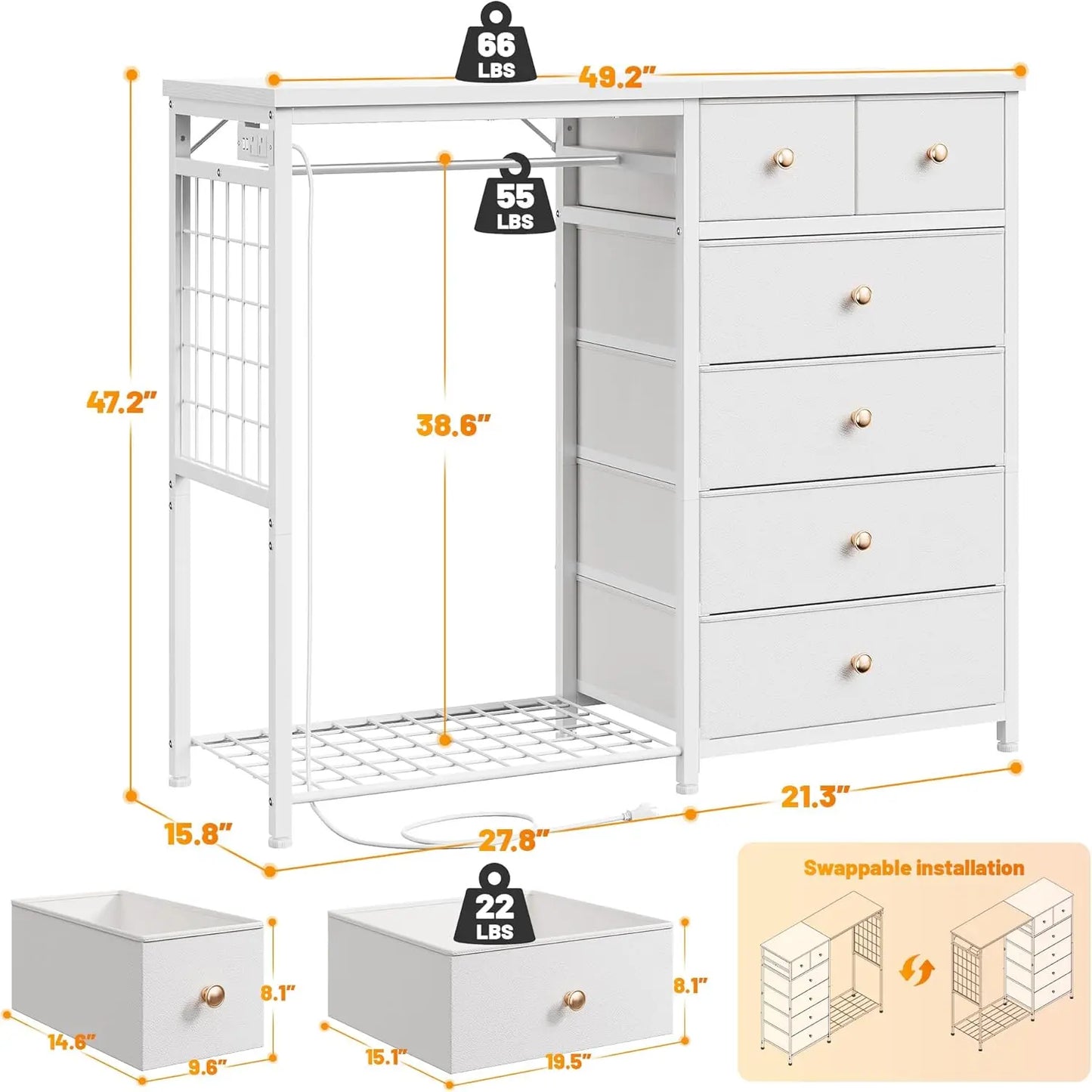 49.2 Inch White Dresser for Bedroom with Hanging Rack and Charging Station 6 Drawer Dresser with LED Lights and Fabric Storage