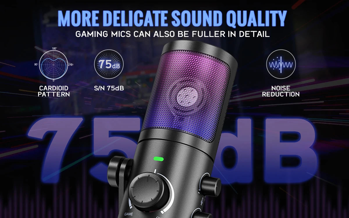 FIFINE USB Gaming Microphone With Noise Cancellation RGB Gain