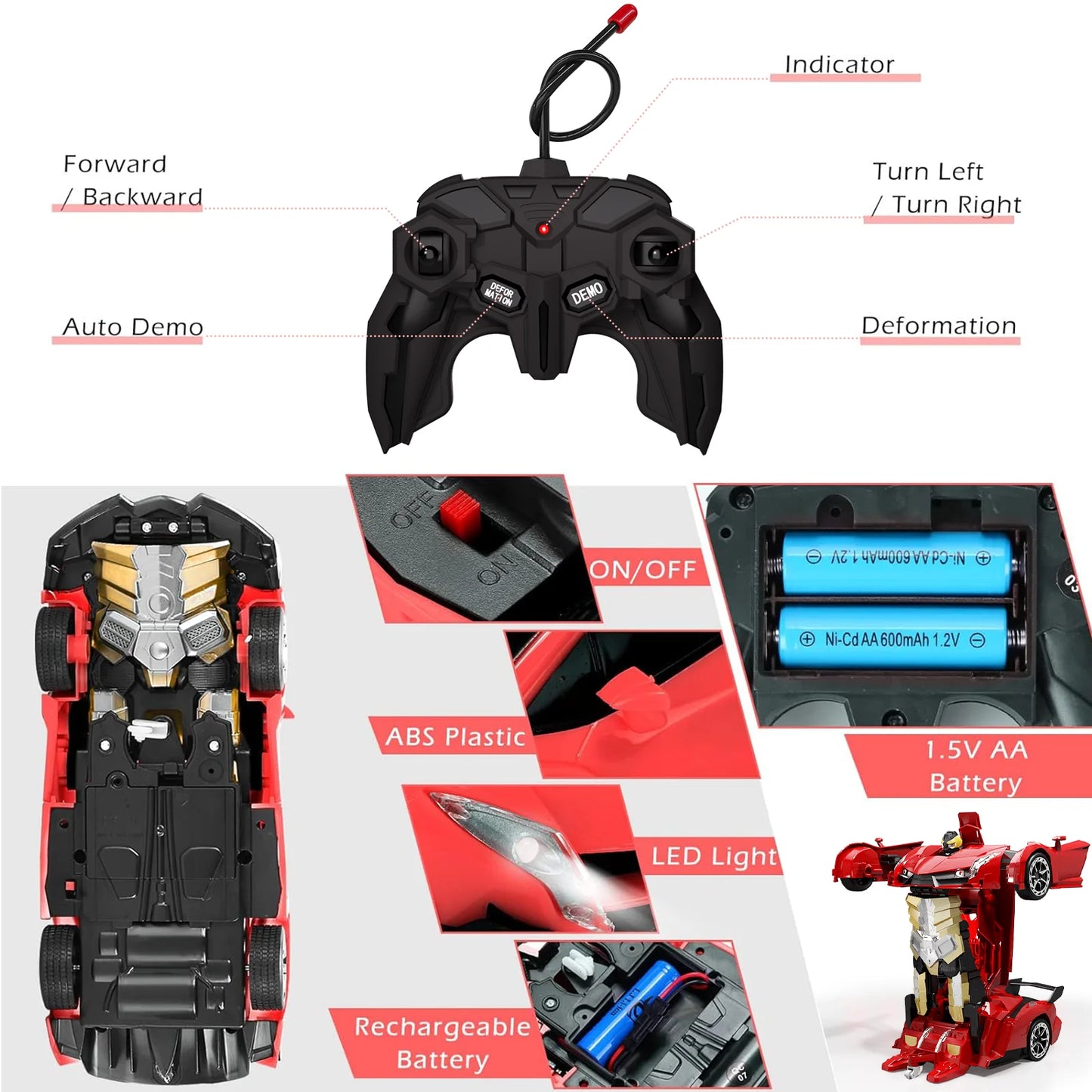 1:18 RC Car 2 In 1 Remote Control Transformation Car Robots 360 Degree Rotation Drift With LED Light Electric Racing Toy For Boys And Girls