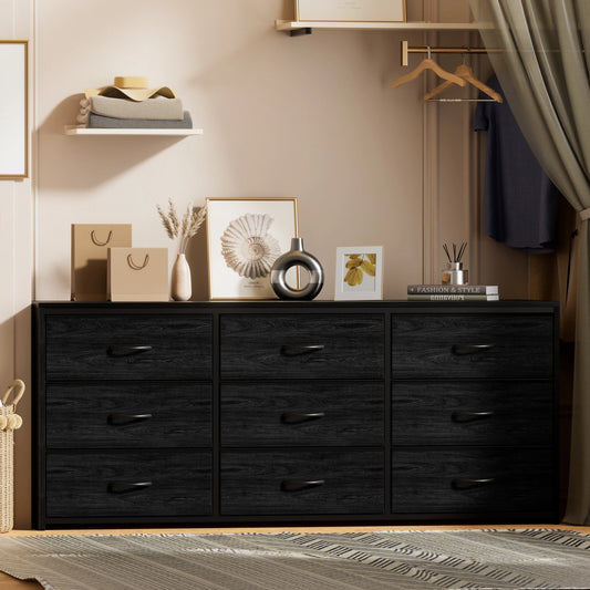 9 Drawer Dresser, Wide Chest Of Drawers Nightstand Storage Tower Storage Dresser Fabric Dresser With Wood Top Chest of Drawers