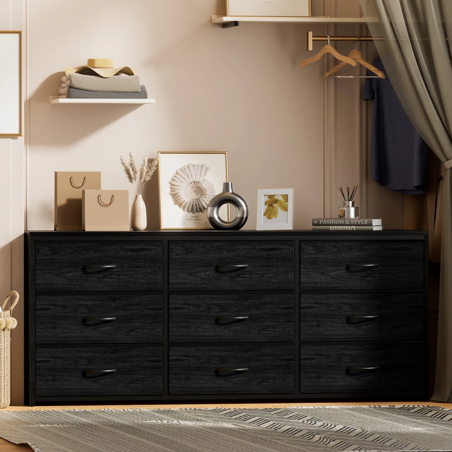 9 Drawer Dresser, Wide Chest Of Drawers Nightstand Storage Tower Storage Dresser Fabric Dresser With Wood Top Chest of Drawers