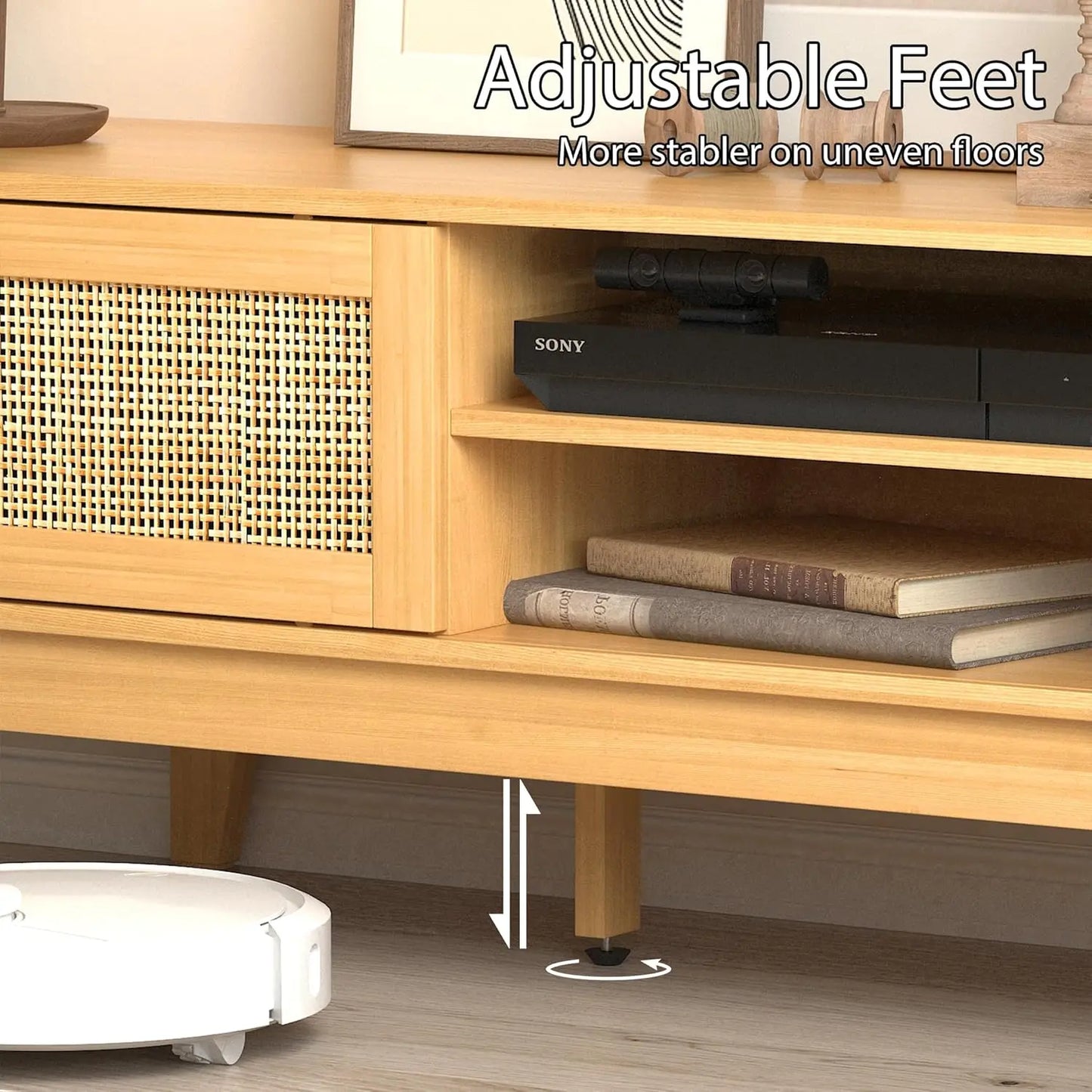 Boho TV Stand for 55 to 65 Inch TV Rattan Entertainment Center with Shelves Cabinets and Sliding Doors TV Media Console Table with Solid Wood Feet and Cord Holes for Living Room Bedroom Natural