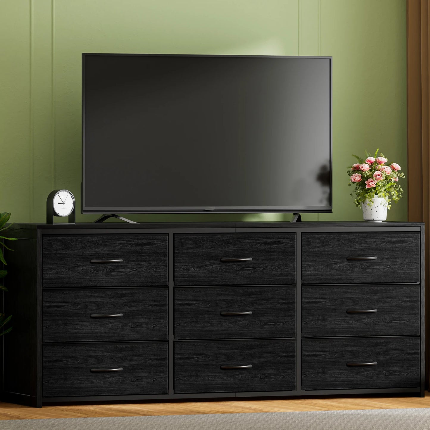 9 Drawer Dresser Wide Chest of Drawers Storage Tower Fabric Dresser with Wooden Top