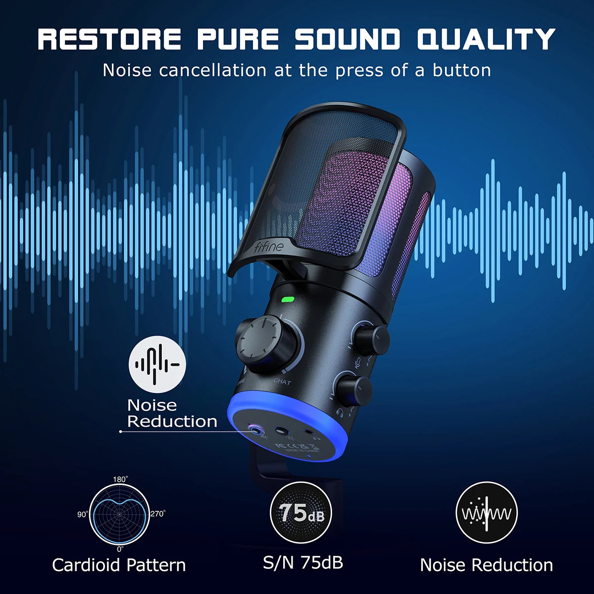 FIFINE USB Gaming Microphone With Noise Cancellation RGB Gain