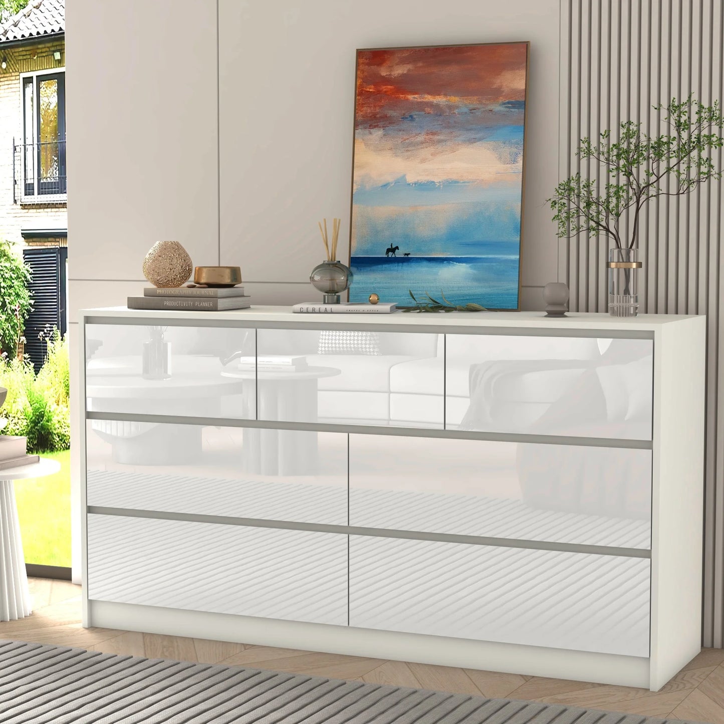 7 Drawer Dresser for Bedroom 55 Inch Modern Dresser with High Gloss Drawers Large Wood Chest of Drawers White and Black