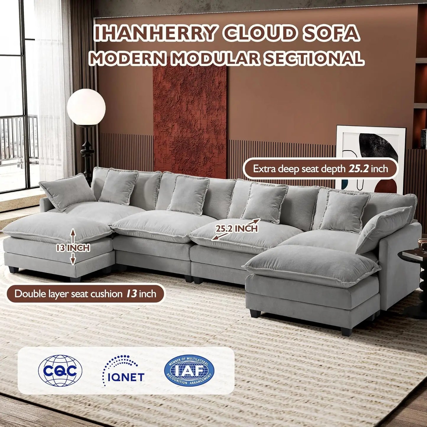 XMSJ U Shaped Modern Sofa Modular Sectional Cloud Couch