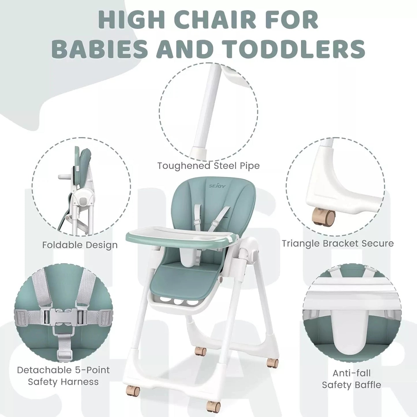 Sejoy Baby High Chair Infants Folding Convertible Removable Tray Adjustable Seat