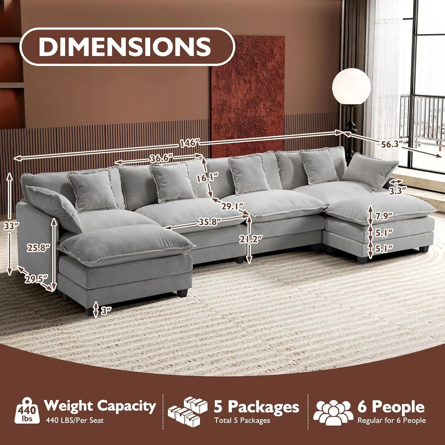 XMSJ U Shaped Modern Sofa Modular Sectional Cloud Couch
