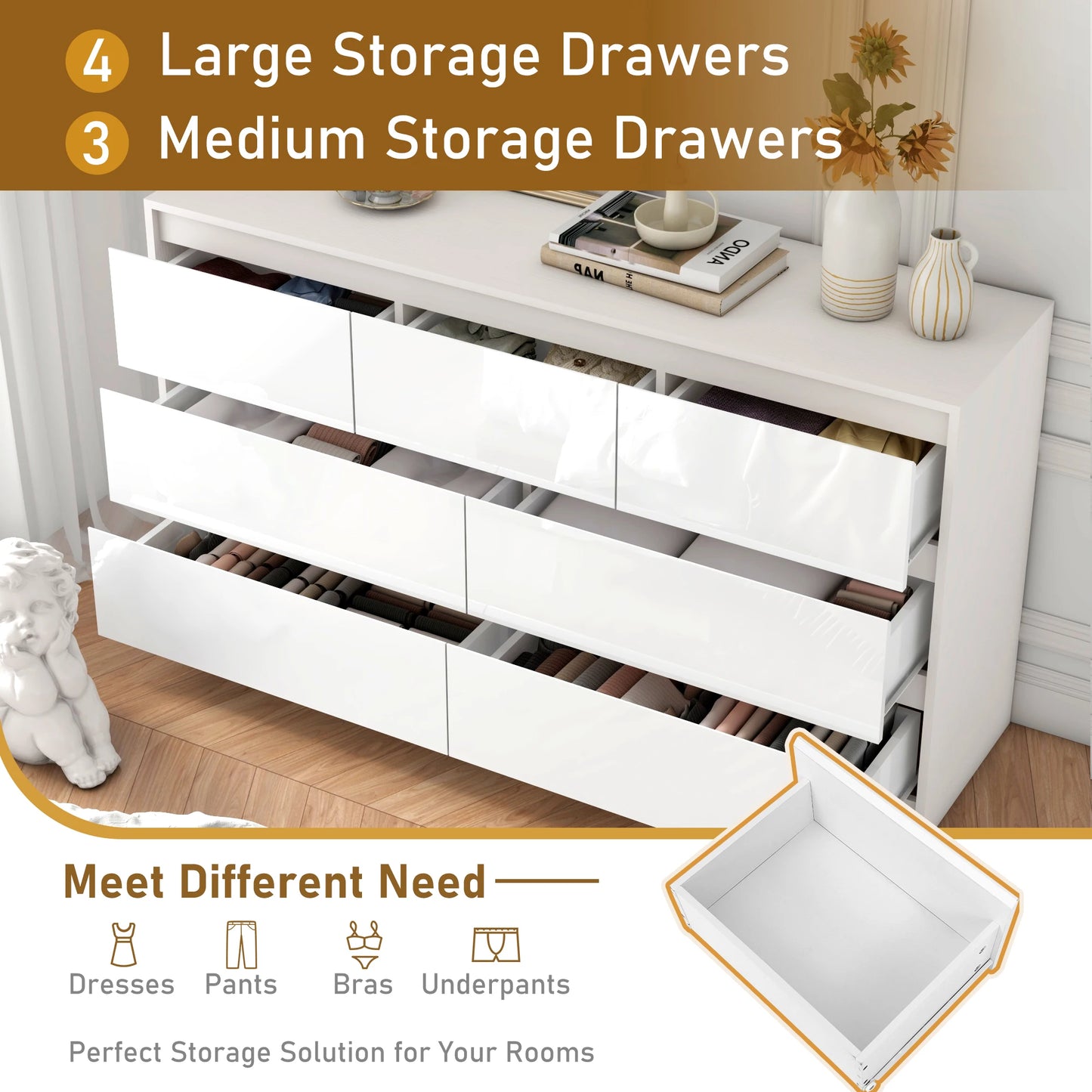 7 Drawer Dresser for Bedroom 55 Inch Modern High Gloss Wood Chest of Drawers White and Black