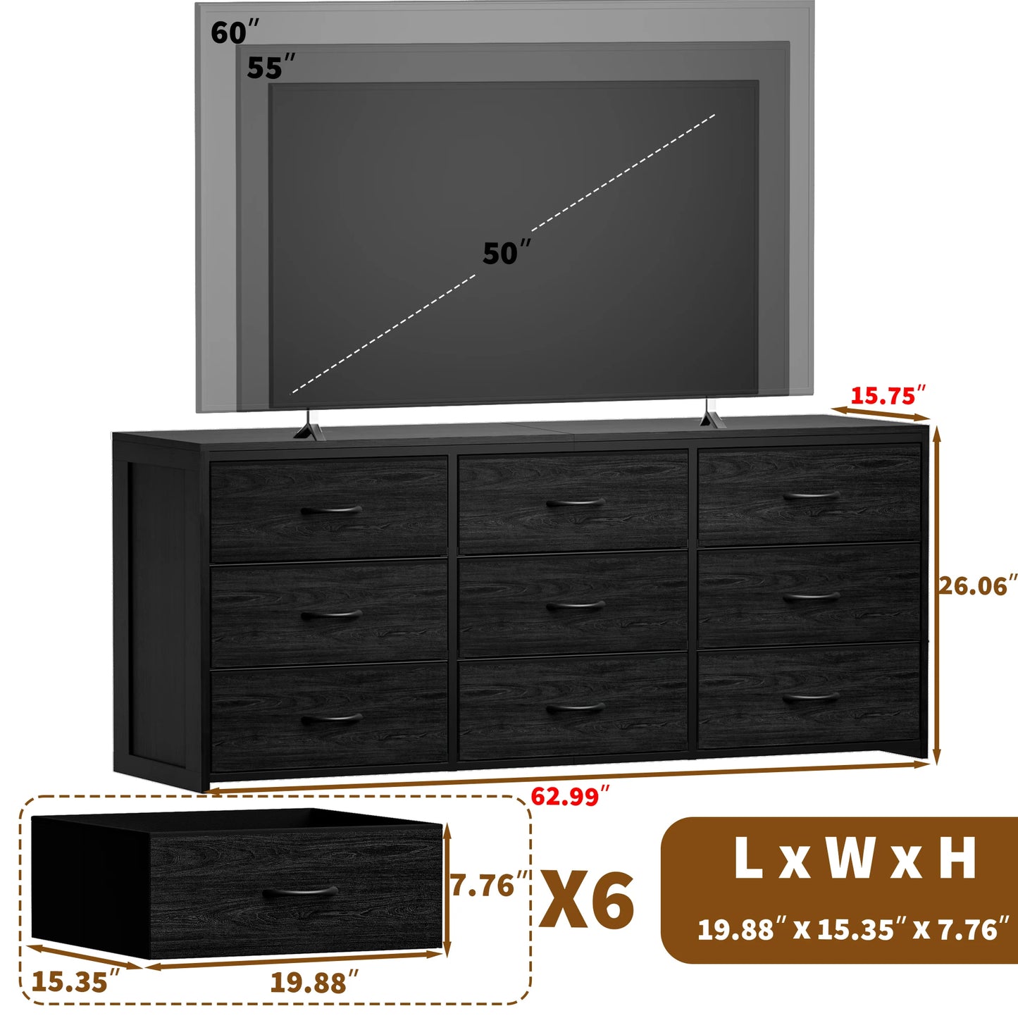 9 Drawer Dresser Wide Chest of Drawers Nightstand Storage Tower Fabric Dresser with Wood Top