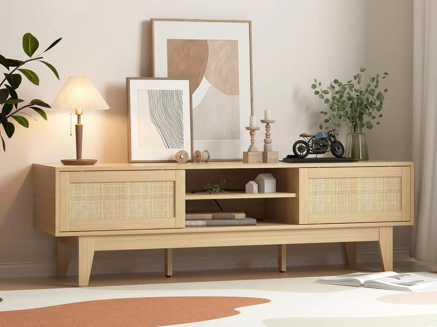 Boho TV Stand for 55 to 65 Inch TV Rattan Entertainment Center with Shelves Cabinets and Sliding Doors TV Media Console Table with Solid Wood Feet and Cord Holes for Living Room Bedroom Natural