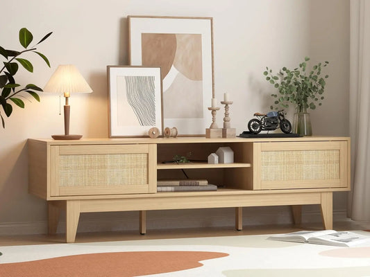 Boho TV Stand for 55 to 65 Inch TV Rattan Entertainment Center with Shelves Cabinets and Sliding Doors TV Media Console Table with Solid Wood Feet and Cord Holes for Living Room Bedroom Natural
