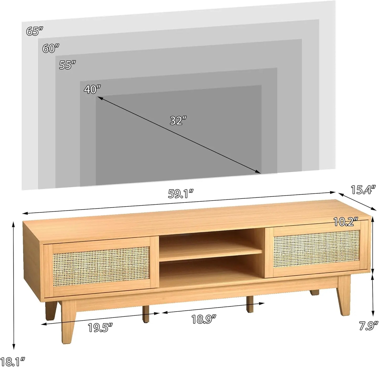 Boho TV Stand for 55 to 65 Inch TV Rattan Entertainment Center with Shelves Cabinets and Sliding Doors TV Media Console Table with Solid Wood Feet and Cord Holes for Living Room Bedroom Natural