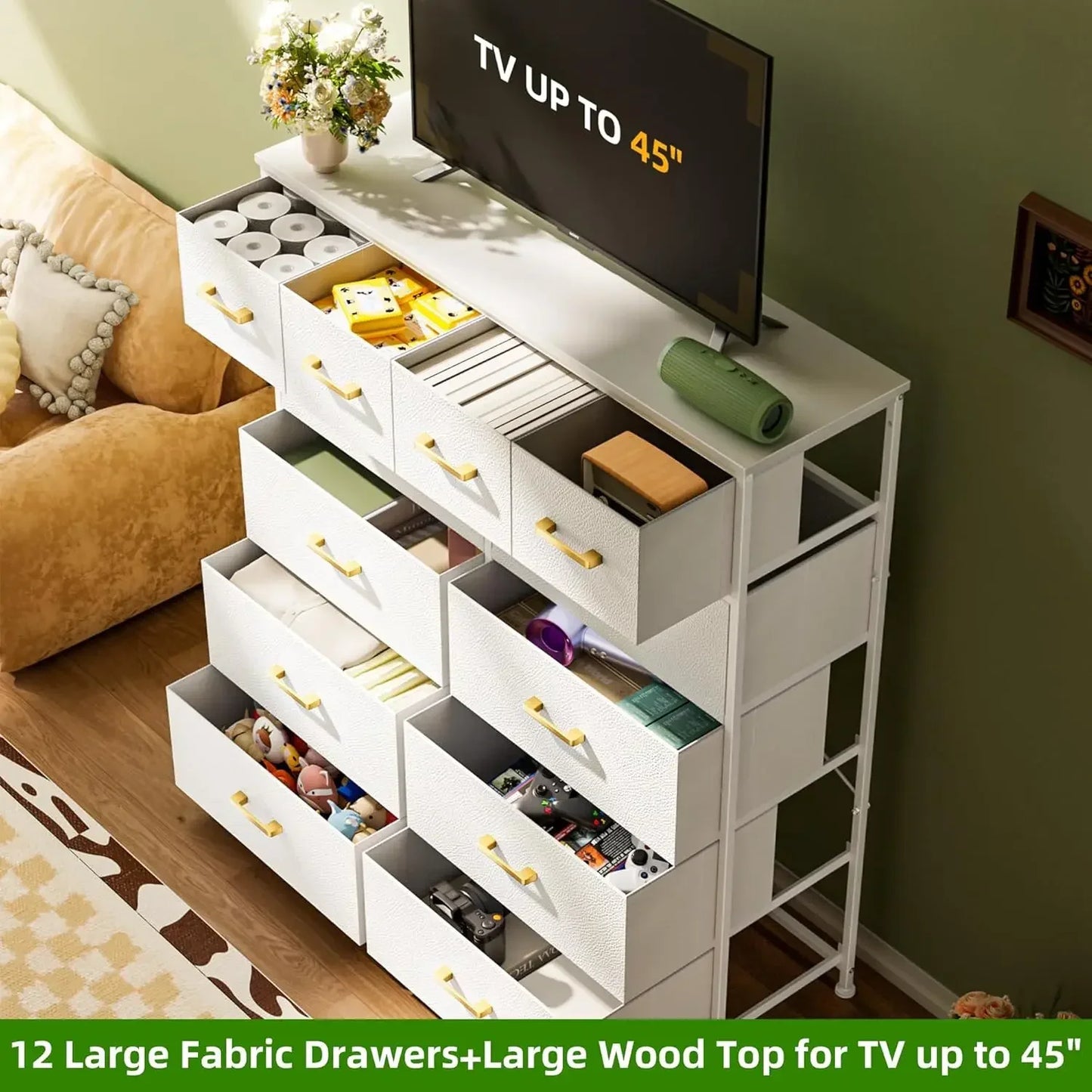 White Dresser for Bedroom with 12 Drawers Tall Dressers for Bedroom Fabric Dressers and Chest of Drawers