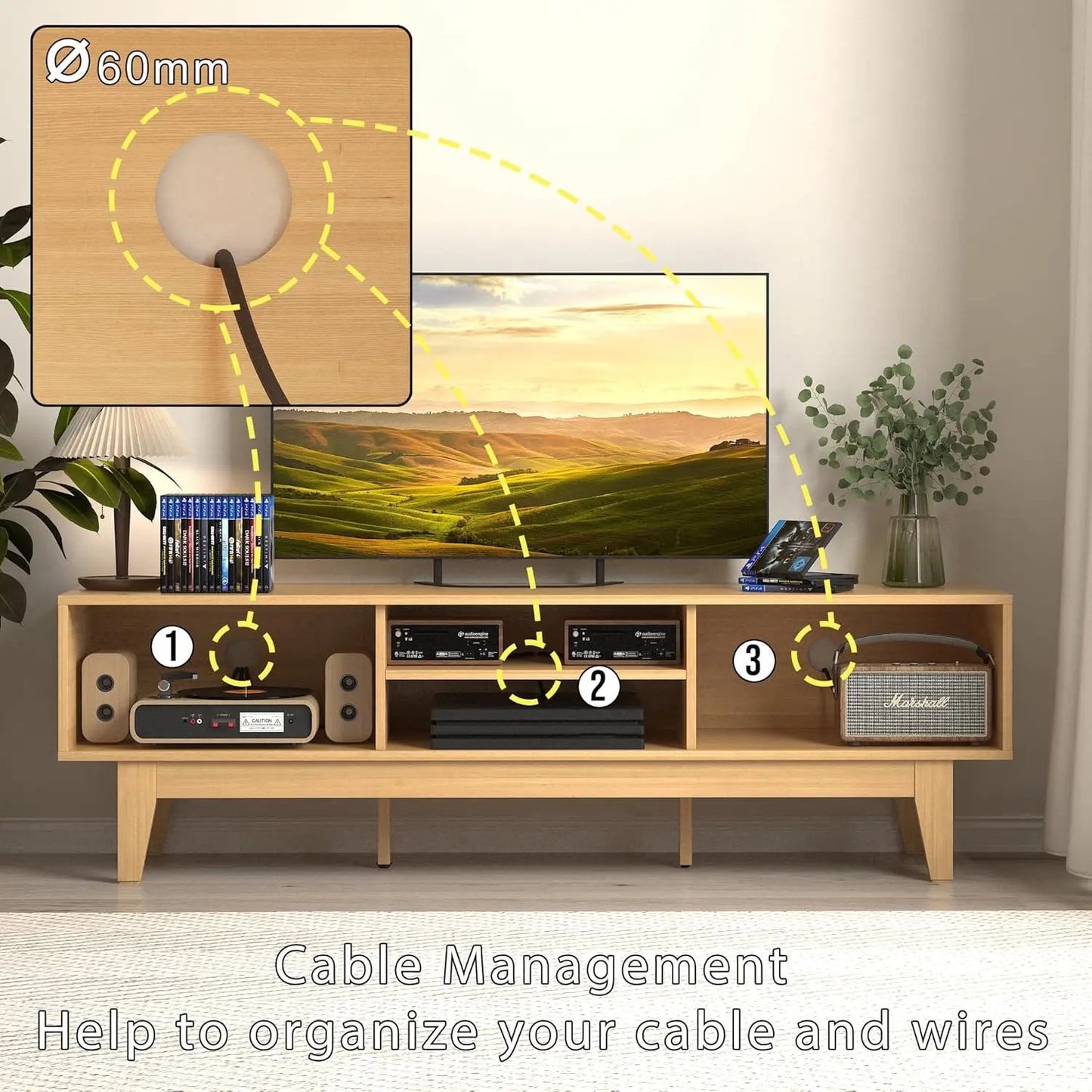 Boho TV Stand for 55 to 65 Inch TV Rattan Entertainment Center with Shelves Cabinets and Sliding Doors TV Media Console Table with Solid Wood Feet and Cord Holes for Living Room Bedroom Natural