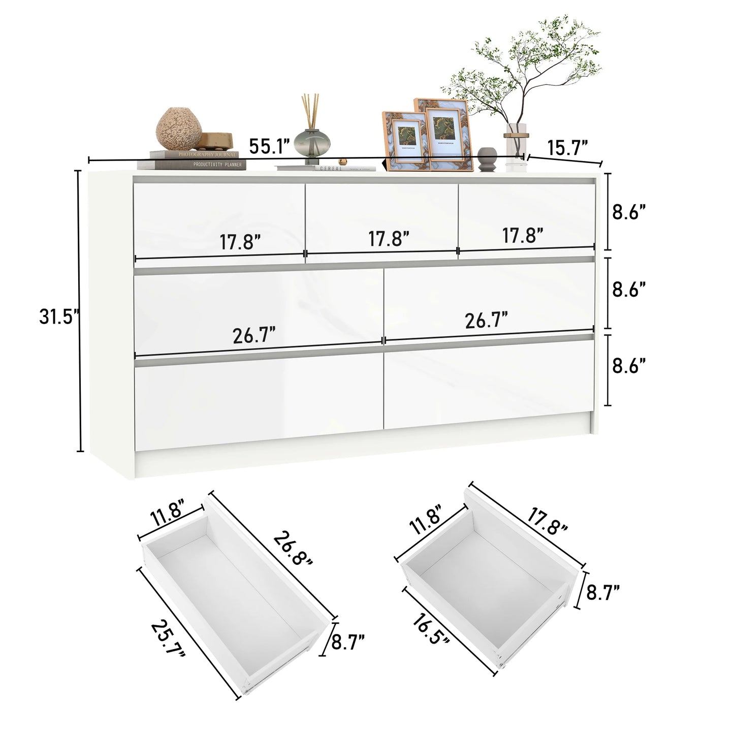 7 Drawer Dresser for Bedroom 55 Inch Modern High Gloss Wood Chest of Drawers White and Black