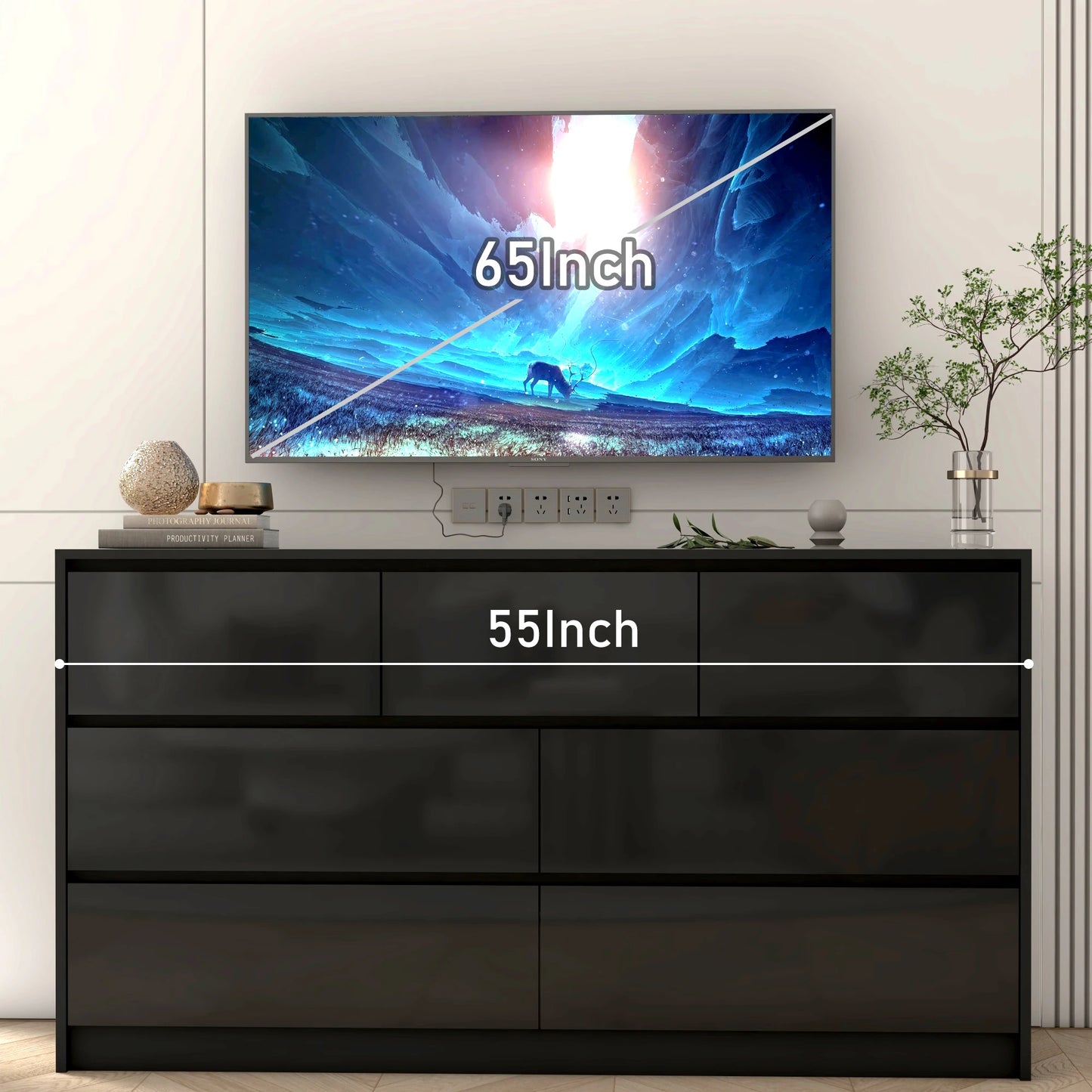 7 Drawer Dresser for Bedroom 55 Inch Modern High Gloss Wood Chest of Drawers White and Black