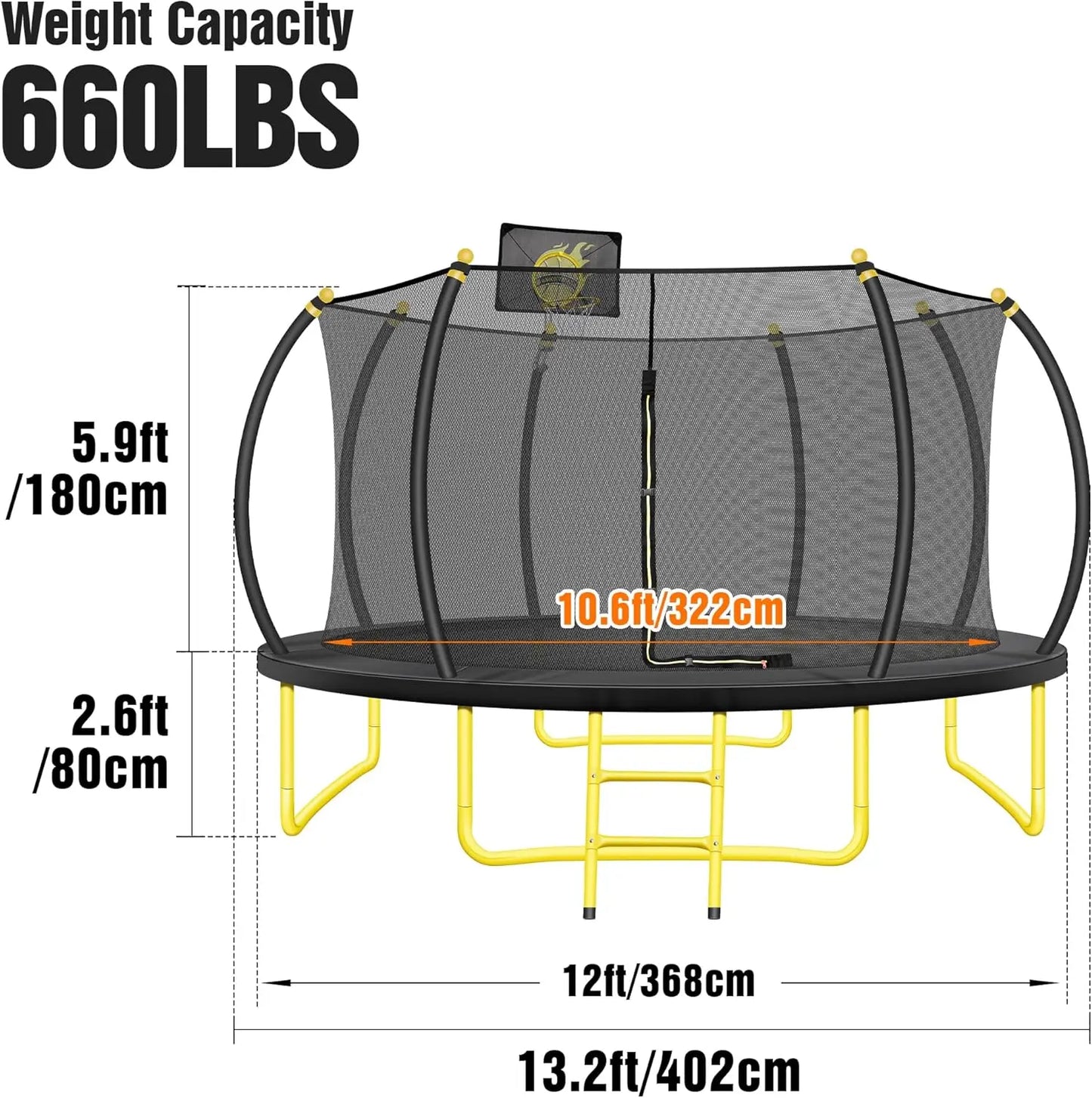 12FT Pumpkin Trampoline with Basketball Hoop Enclosure Net and Ladder for Outdoor Recreation