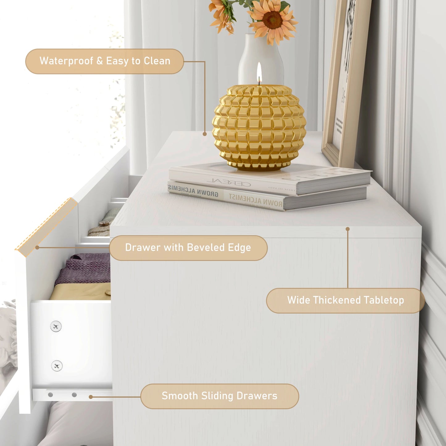 7 Drawer Dresser for Bedroom 55 Inch Modern High Gloss Wood Chest of Drawers White and Black