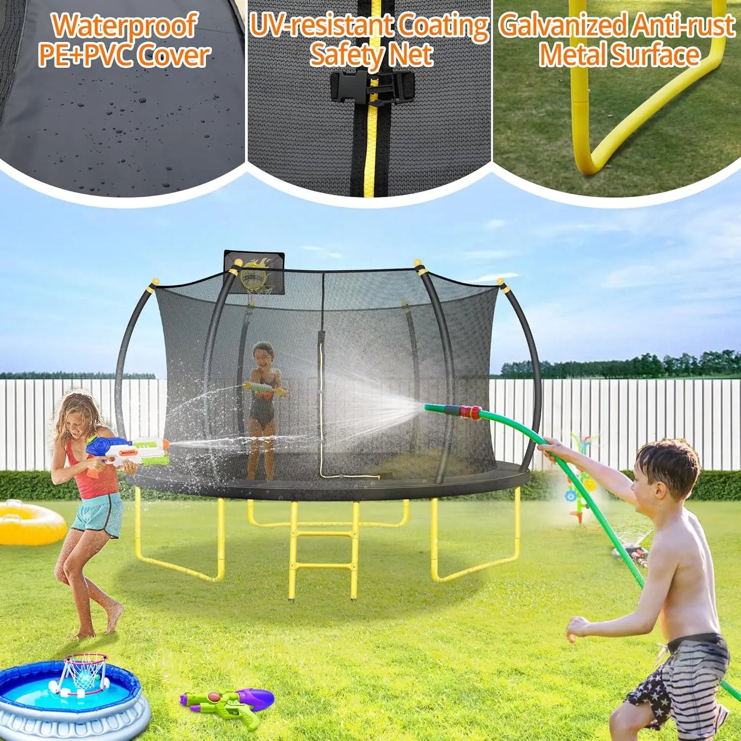 12FT Pumpkin Trampoline with Basketball Hoop Enclosure Net and Ladder for Outdoor Recreation