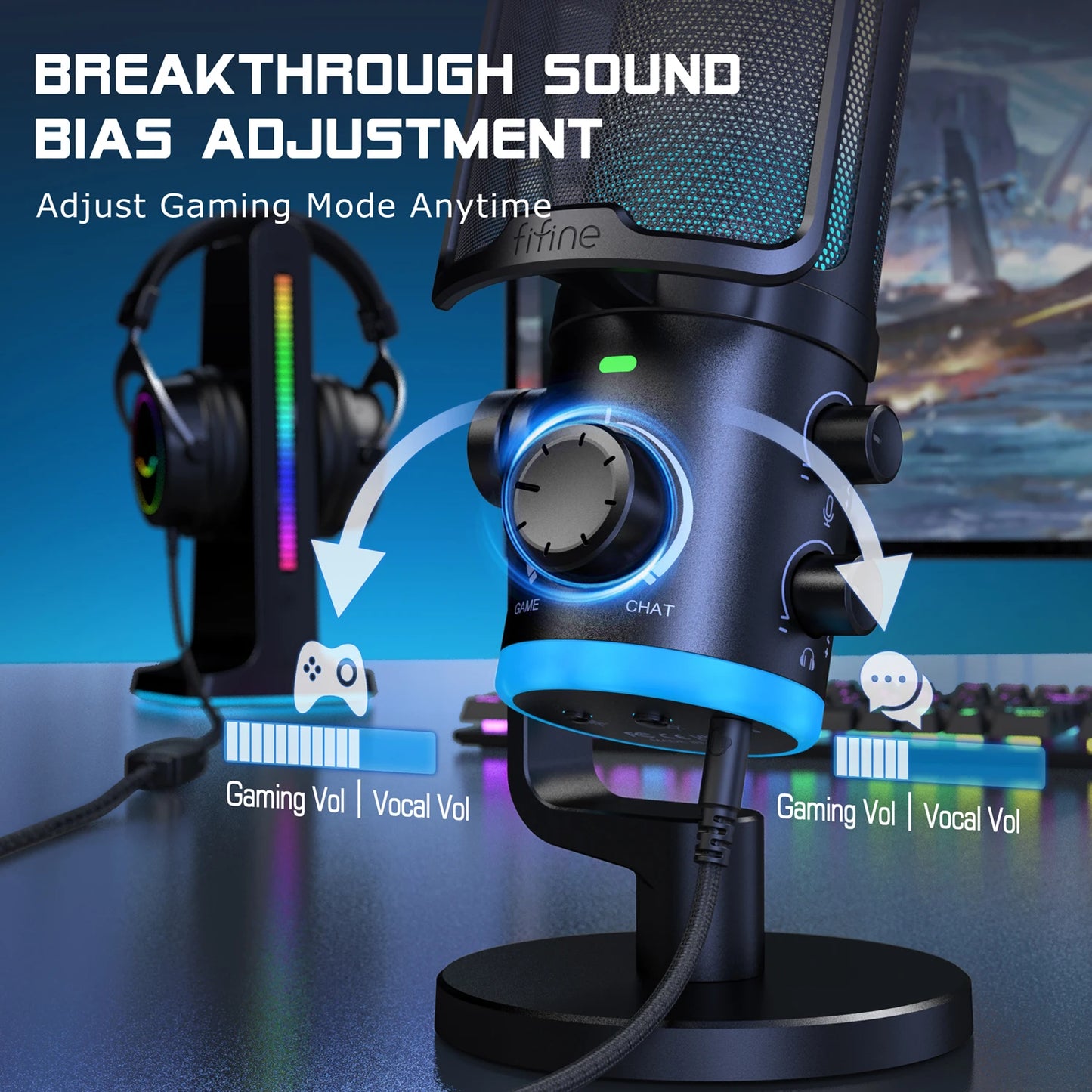 FIFINE USB Gaming Microphone With Noise Cancellation and RGB
