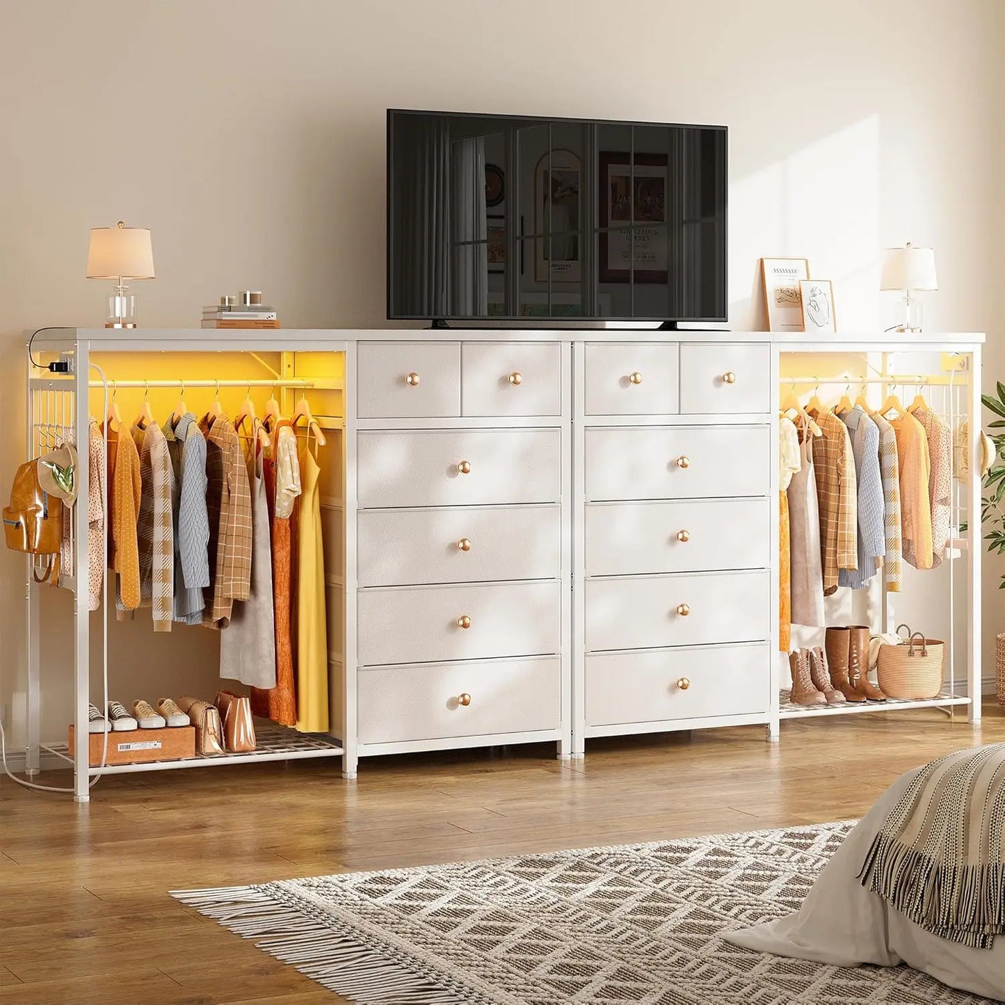49.2 Inch Wide White Dresser for Bedroom with Hanging Rack and Charging Station Six Drawer Dresser with LED Lights and Fabric Storage Solutions