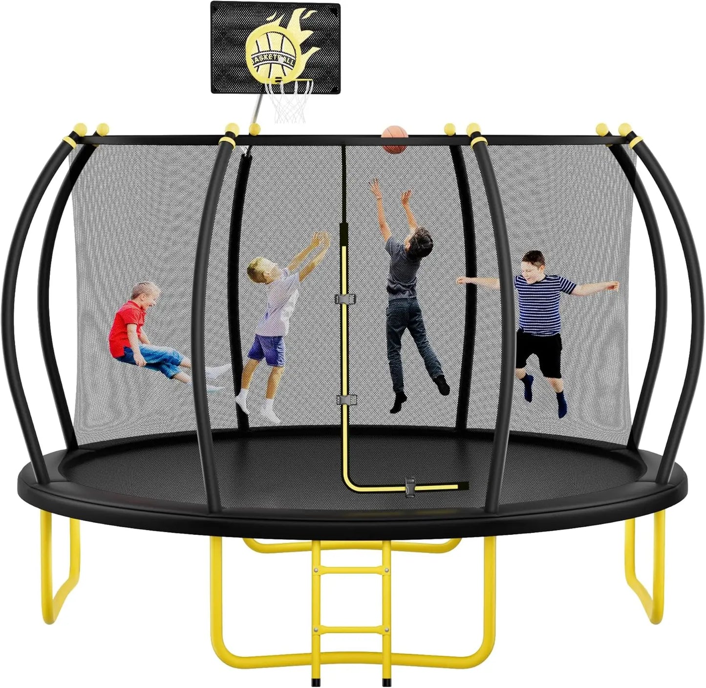 12FT Pumpkin Trampoline with Basketball Hoop Enclosure Net and Ladder for Outdoor Recreation