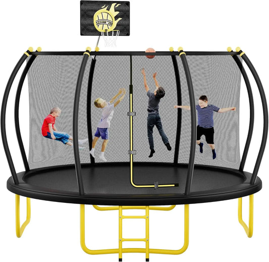 12FT Pumpkin Trampoline with Basketball Hoop Enclosure Net and Ladder for Outdoor Recreation