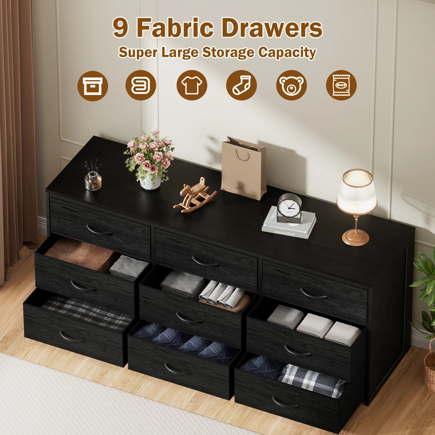 9 Drawer Dresser, Wide Chest Of Drawers Nightstand Storage Tower Storage Dresser Fabric Dresser With Wood Top Chest of Drawers